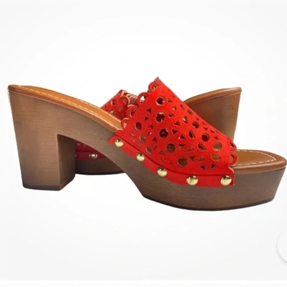 Indigo Rd. Open Toe Chunky Platform Clog Heel Red Scalloped Size Women’s size 8 - Picture 1 of 12